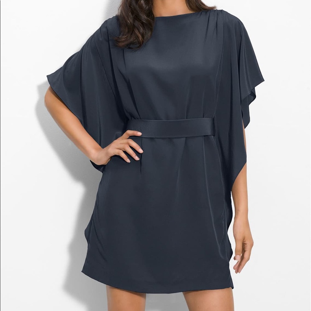 Navy Tie Waist Silk Dress